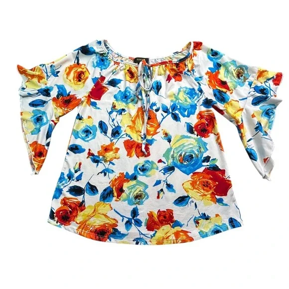 Espresso Blouse Womens Size S White with Multicolor Floral S/S Top - Picture 10 of 10